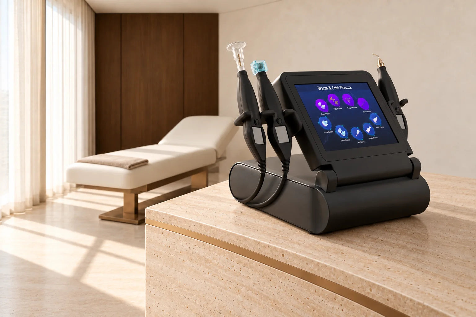 NovaDerma Cold Plasma Pro Device on a travertine console in a treatment room