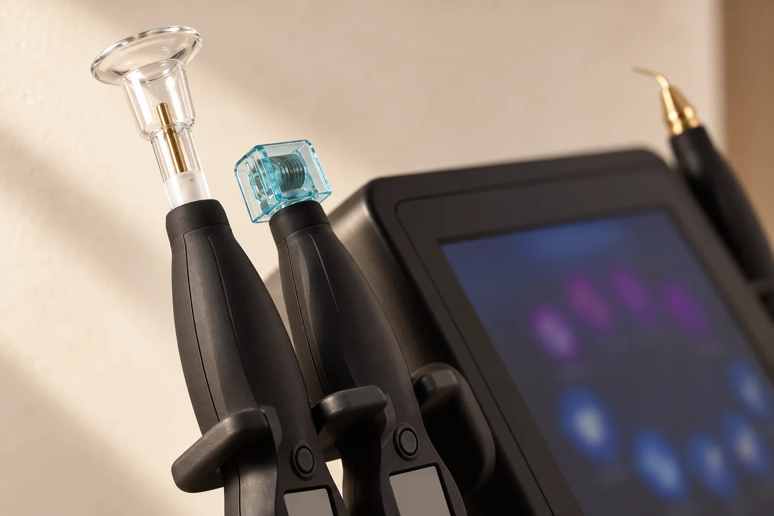 Close-up of two handpieces: a clear glass cup tip and a translucent aqua tip