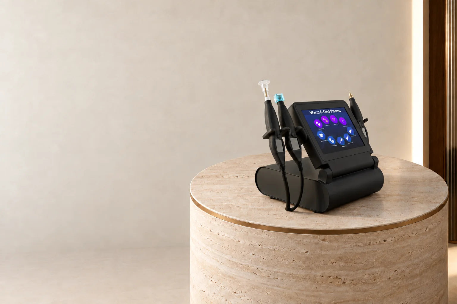 NovaDerma Cold Plasma Pro Device on a travertine pedestal